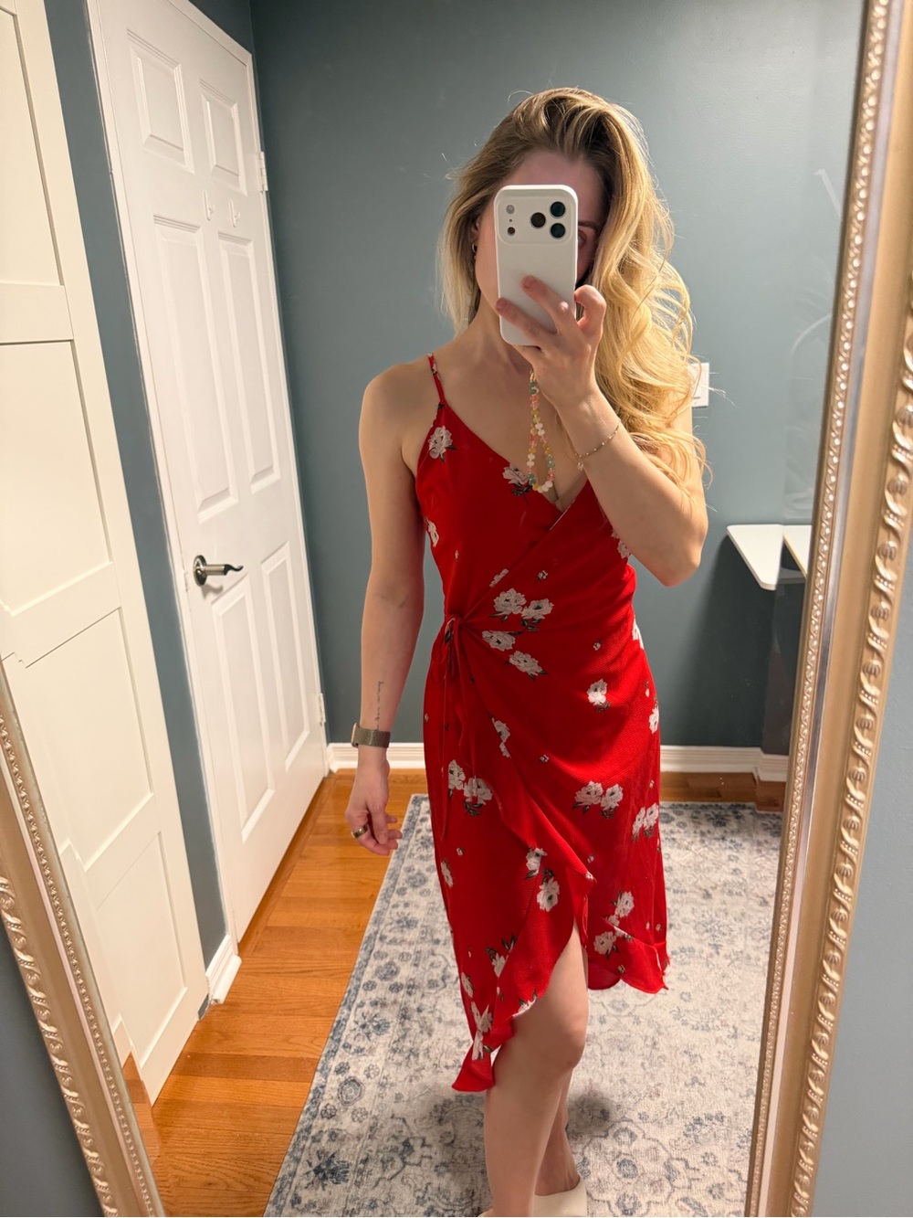 H&M Red Floral Wrap Midi Dress with Spaghetti Straps